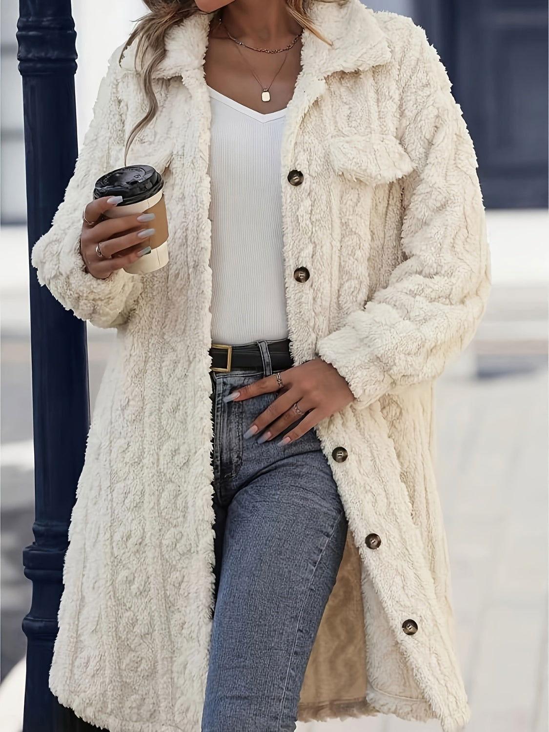 Fuzzy Button Up Long Sleeve Longline Coat - Clothes For Her Online Store