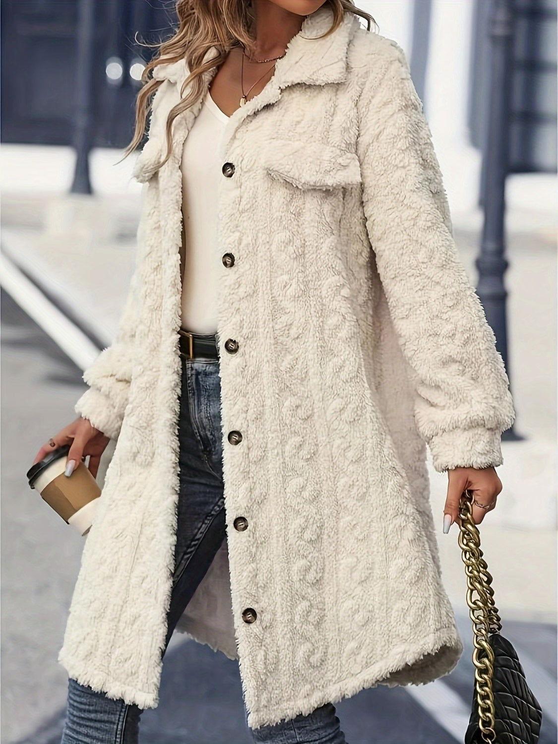 Fuzzy Button Up Long Sleeve Longline Coat - Clothes For Her Online Store