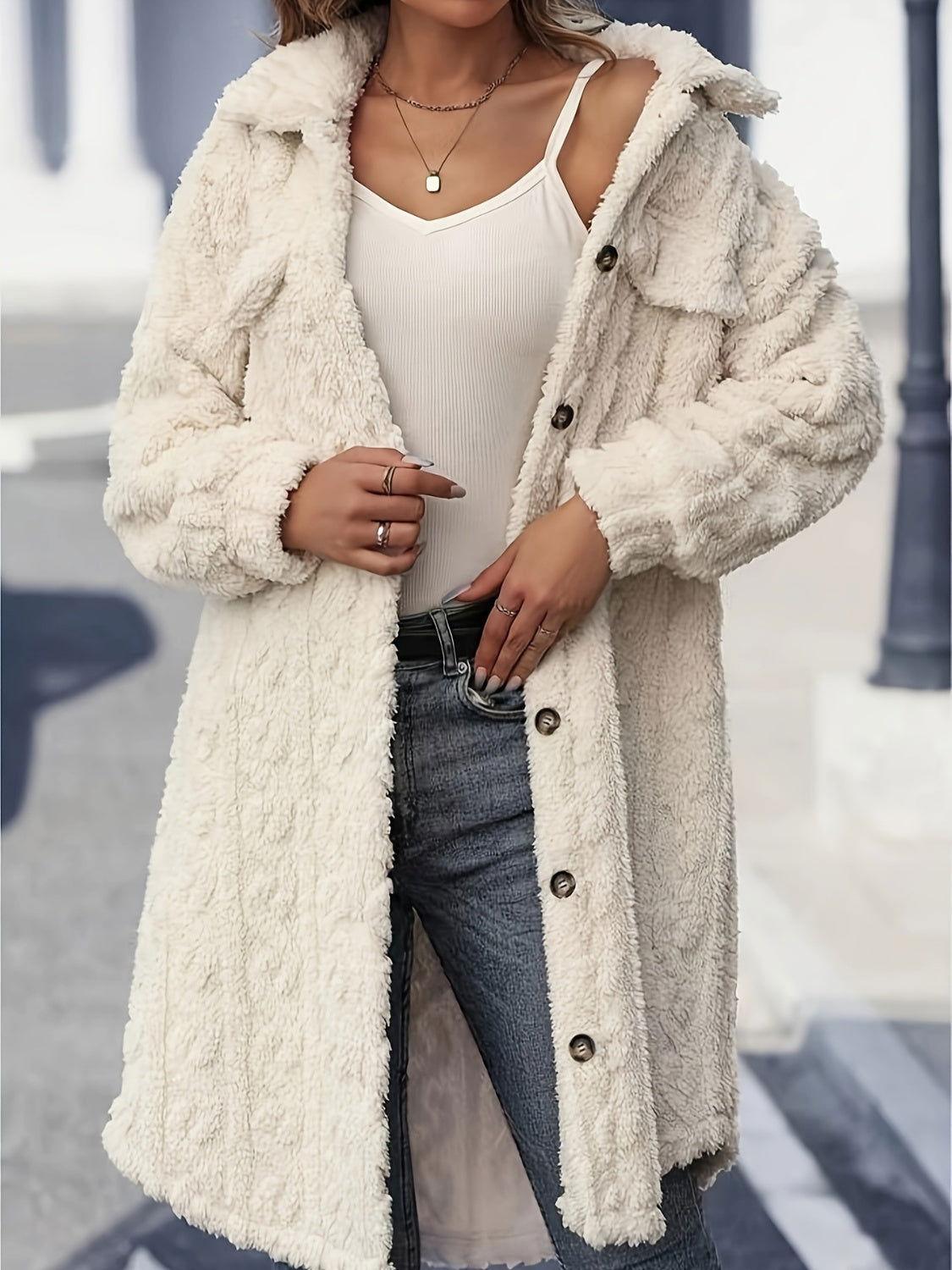 Fuzzy Button Up Long Sleeve Longline Coat - Clothes For Her Online Store