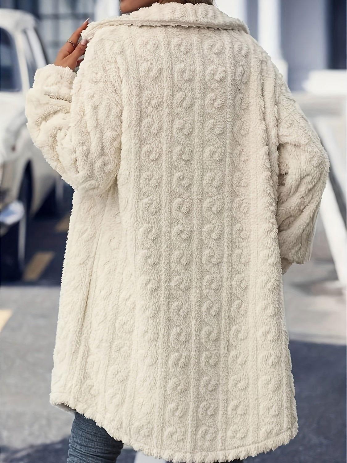 Fuzzy Button Up Long Sleeve Longline Coat - Clothes For Her Online Store