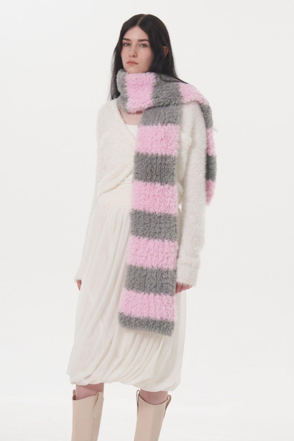 Fuzzy Contrast Striped Scarf - Clothes For Her Online Store