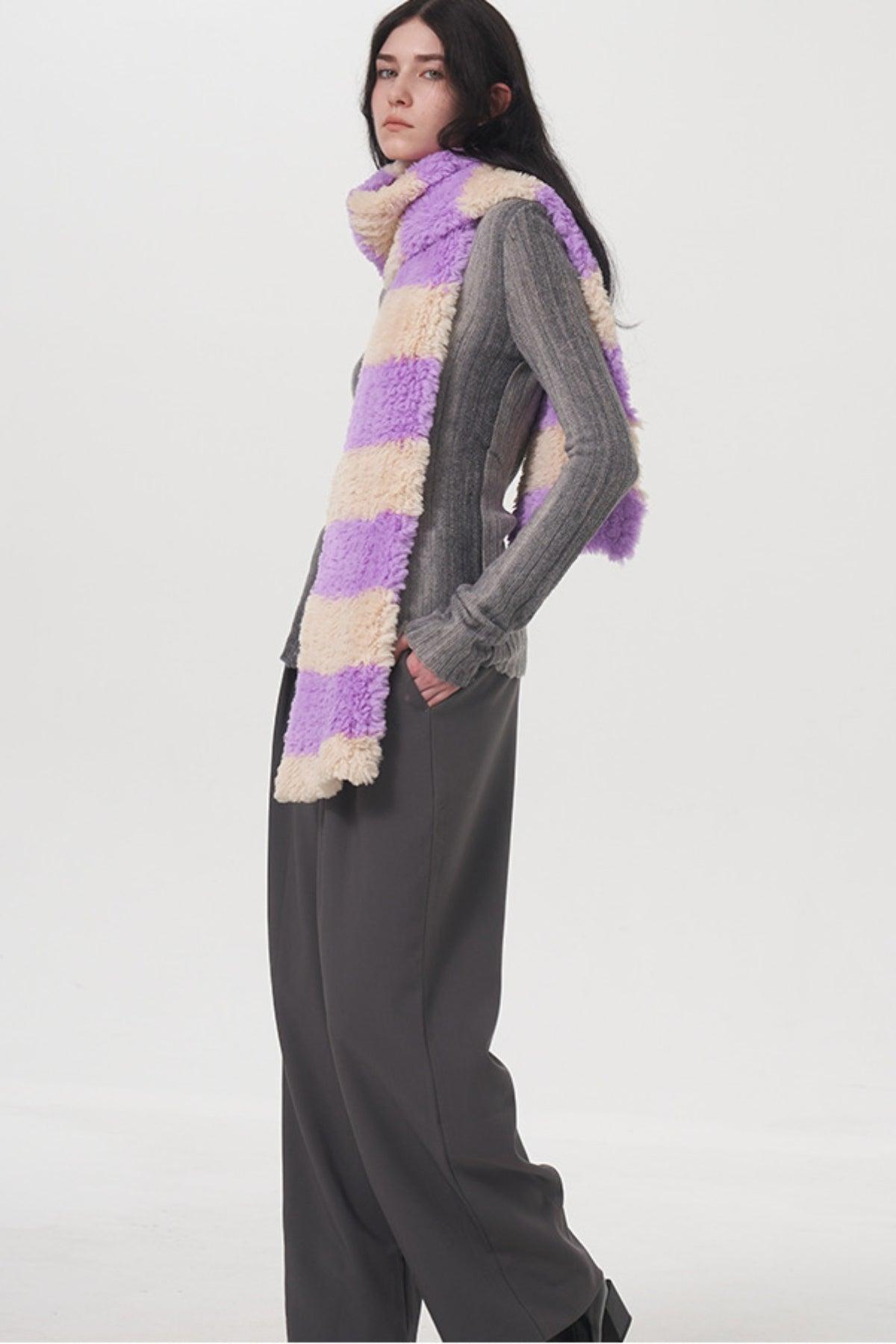 Fuzzy Contrast Striped Scarf - Clothes For Her Online Store