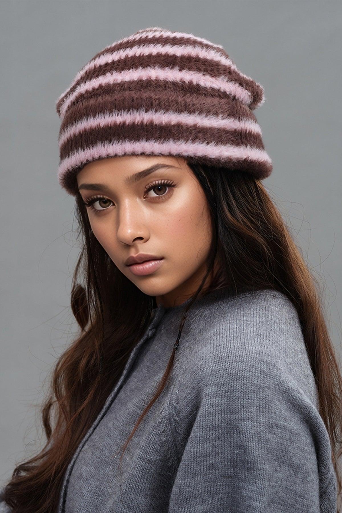 Fuzzy Contrast Striped Thermal Hat - Clothes For Her Online Store