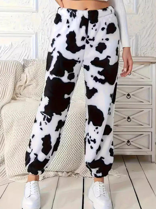 Fuzzy Cow Print Elastic Waist Pants - Clothes For Her Online Store