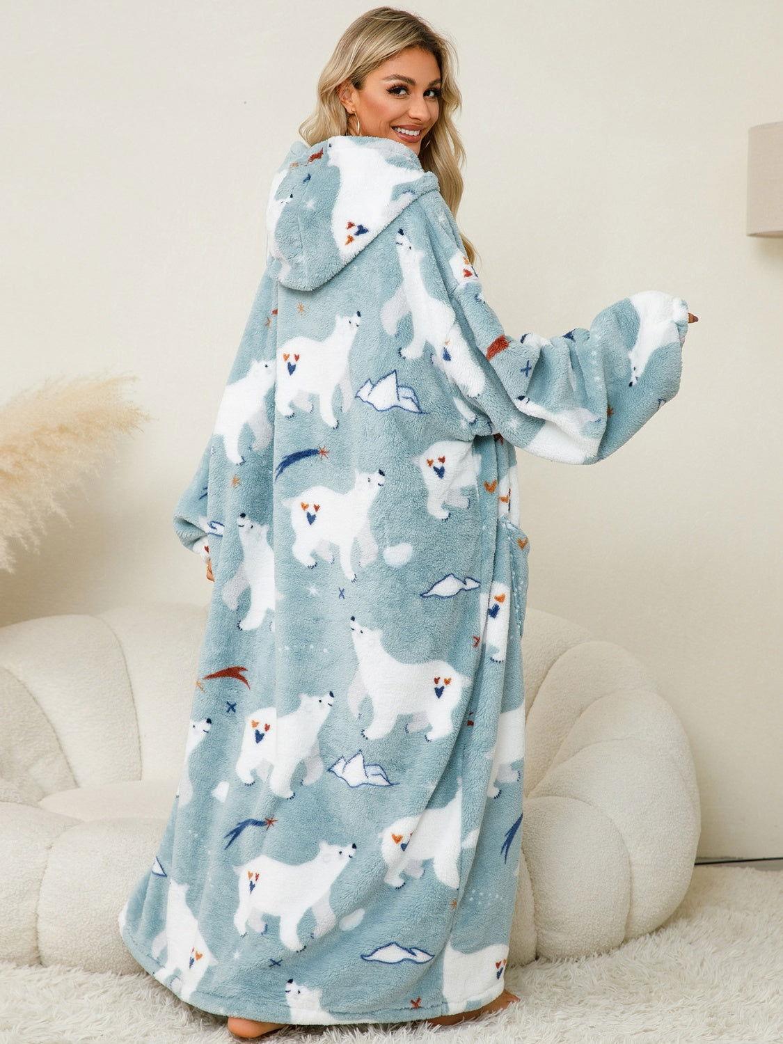 Fuzzy Pocketed Long Sleeve Hooded Lounge Dress - Clothes For Her Online Store