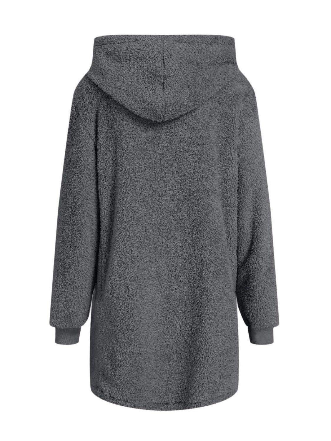 Fuzzy Pocketed Zip Up Long Sleeve Hooded Jacket - Clothes For Her Online Store