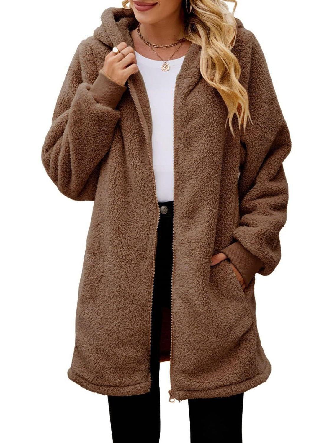 Fuzzy Pocketed Zip Up Long Sleeve Hooded Jacket - Clothes For Her Online Store