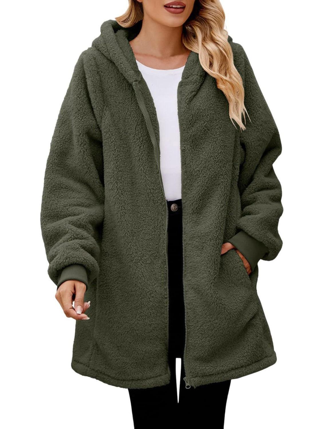 Fuzzy Pocketed Zip Up Long Sleeve Hooded Jacket - Clothes For Her Online Store
