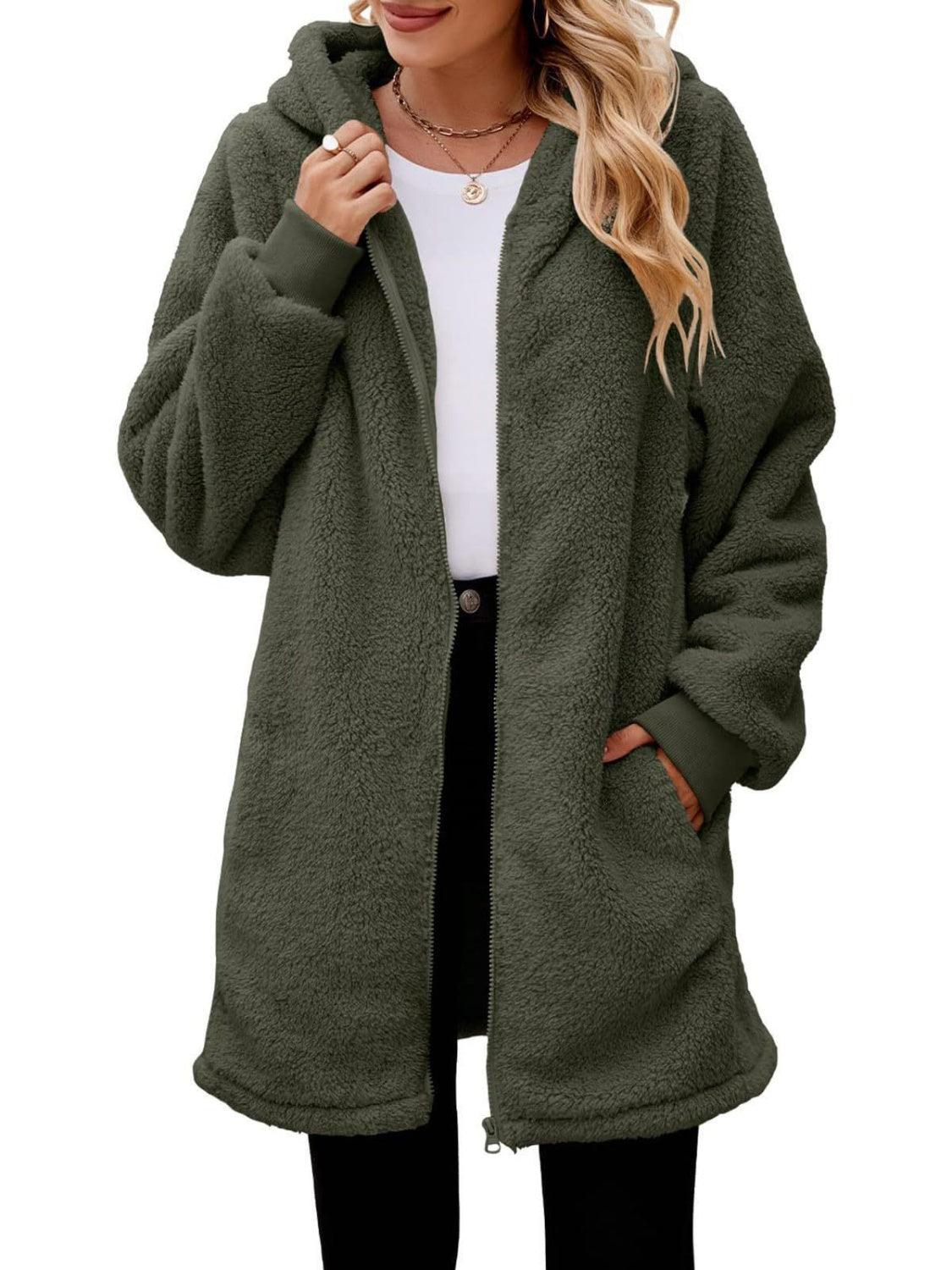 Fuzzy Pocketed Zip Up Long Sleeve Hooded Jacket - Clothes For Her Online Store