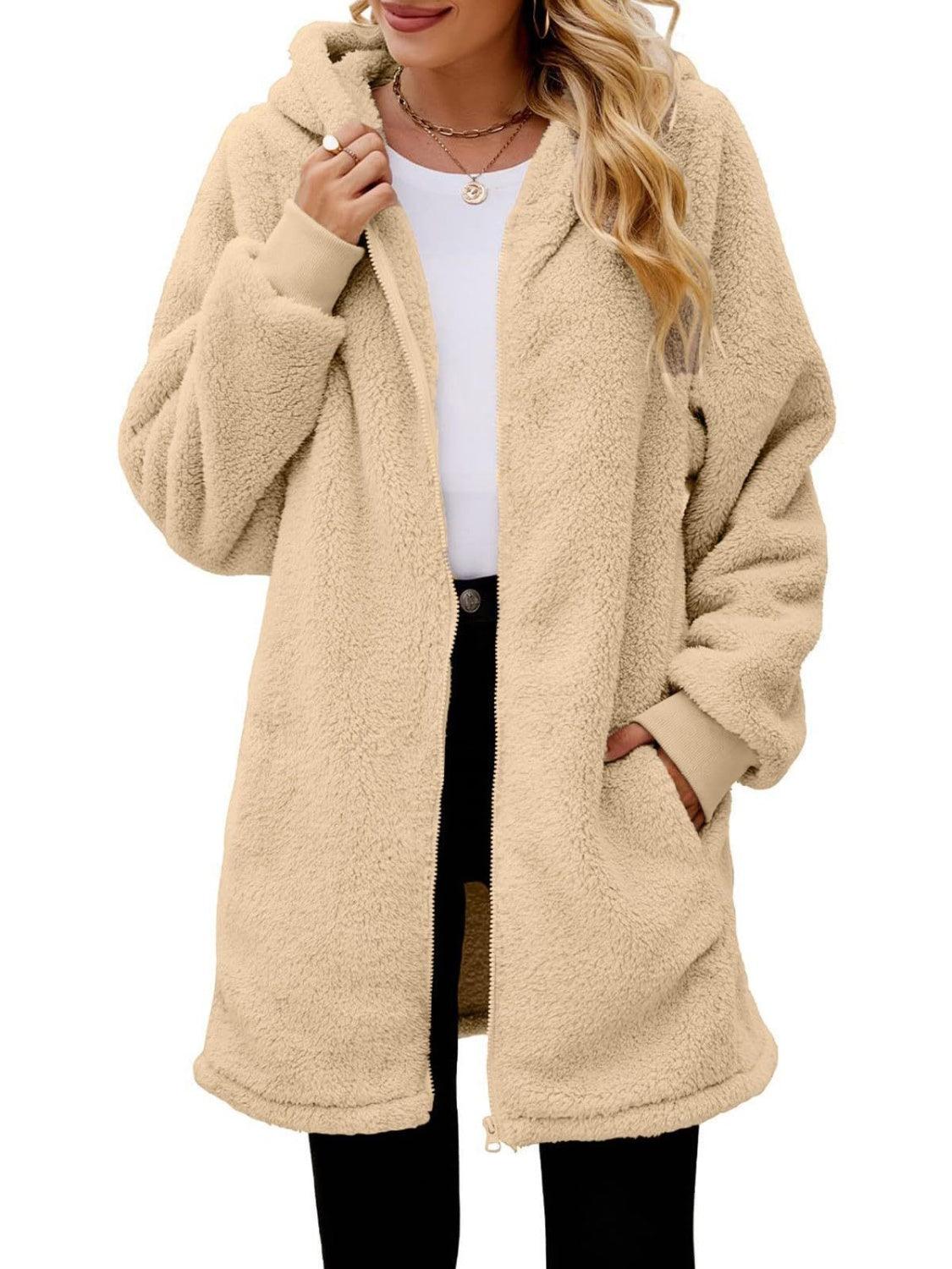 Fuzzy Pocketed Zip Up Long Sleeve Hooded Jacket - Clothes For Her Online Store
