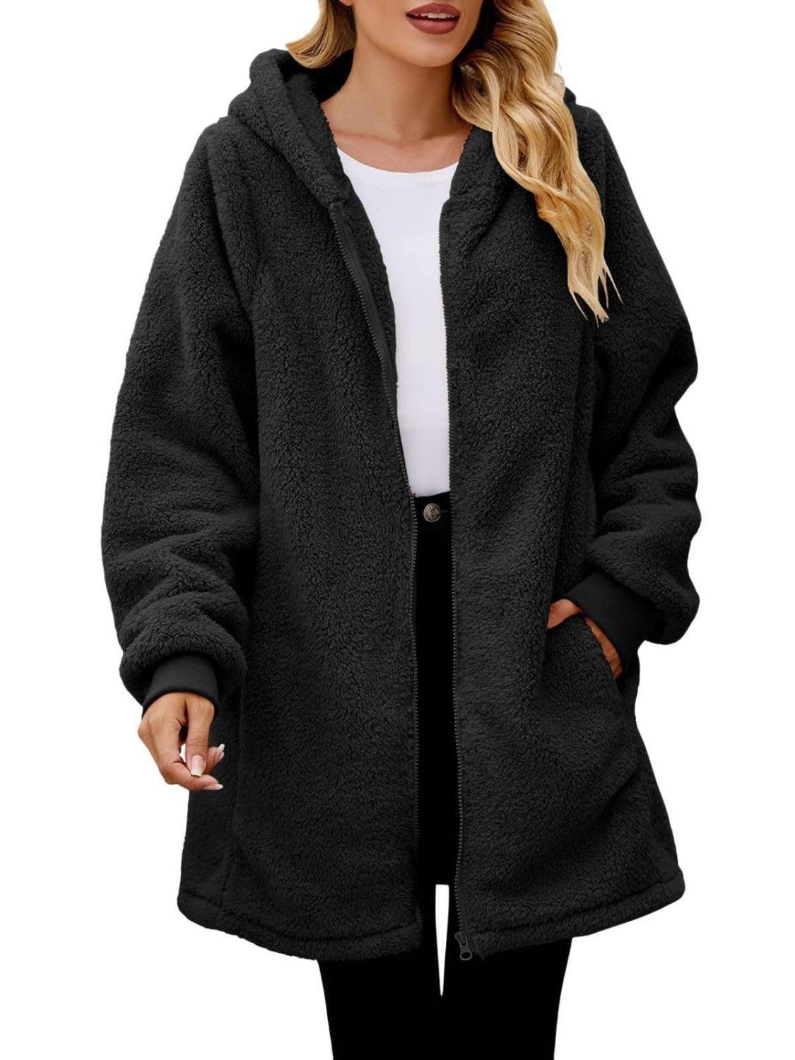 Fuzzy Pocketed Zip Up Long Sleeve Hooded Jacket - Clothes For Her Online Store