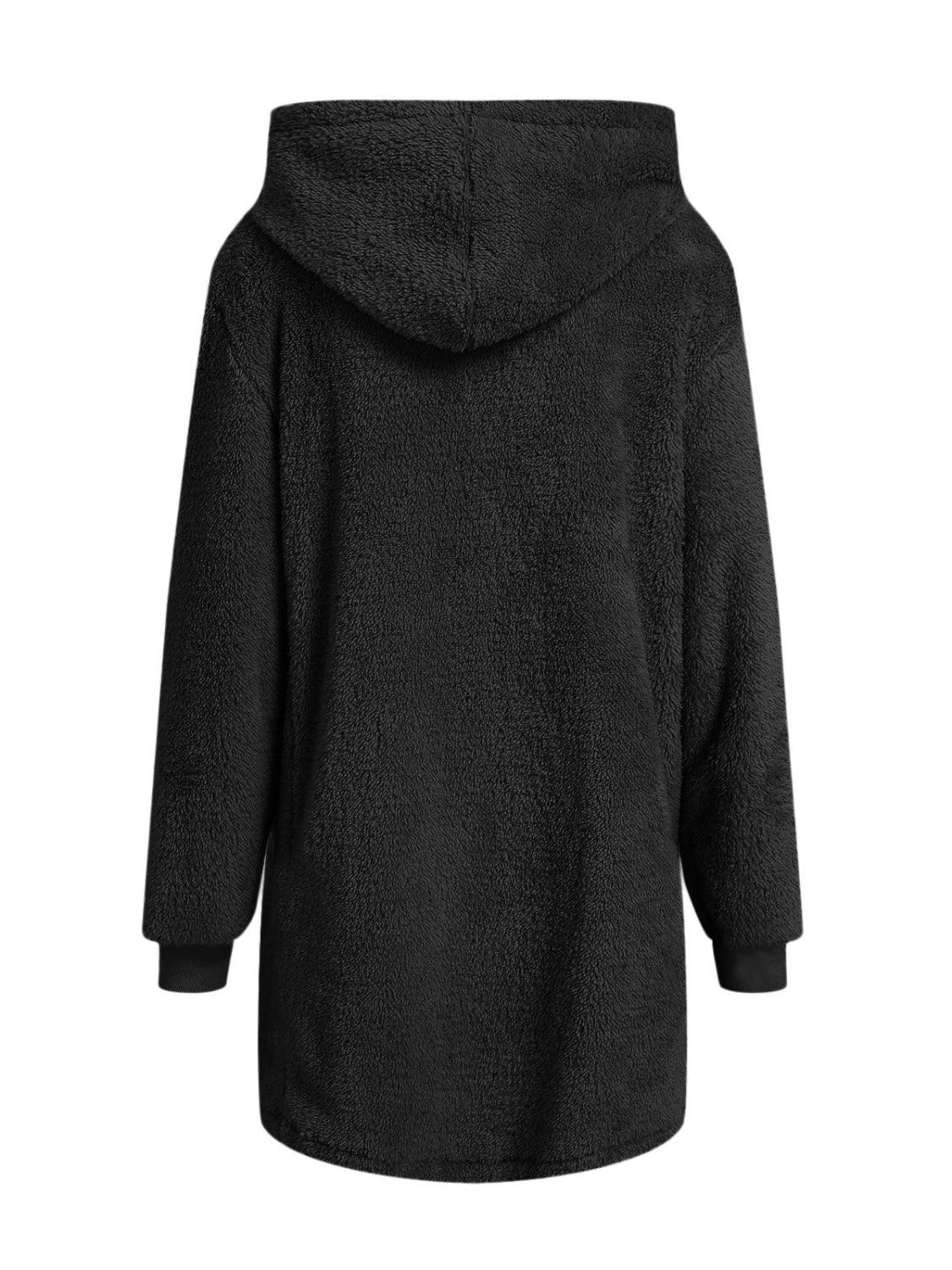 Fuzzy Pocketed Zip Up Long Sleeve Hooded Jacket - Clothes For Her Online Store
