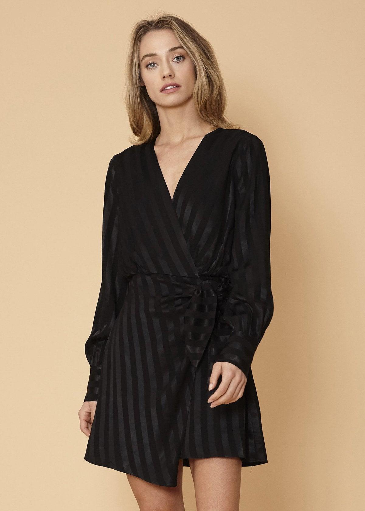 Stripe Satin Long Sleeve Mini Dress in Black