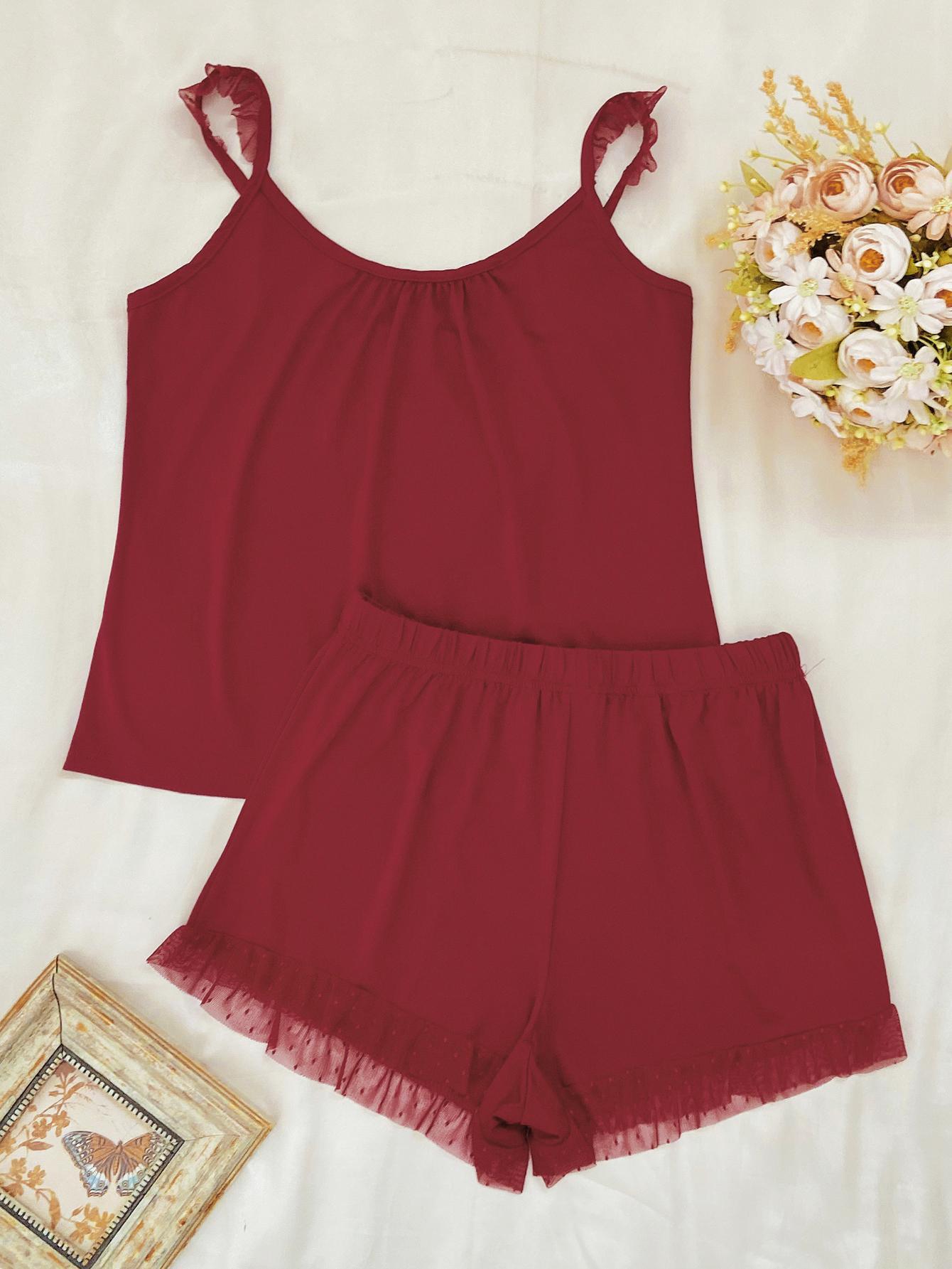 Gathered Detail Spliced Mesh Sleeveless Top and Shorts Lounge Set - Clothes For Her Online Store