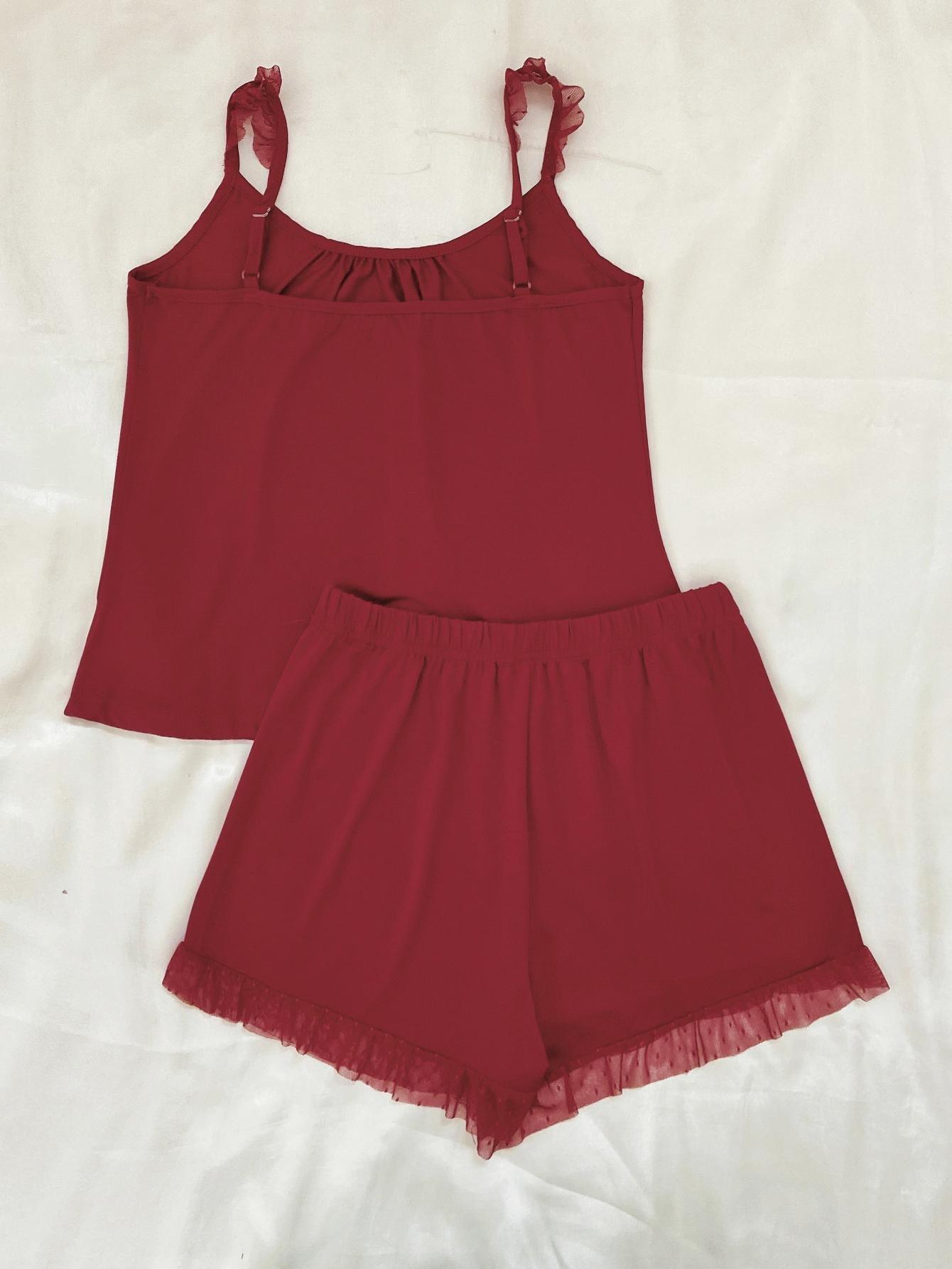 Gathered Detail Spliced Mesh Sleeveless Top and Shorts Lounge Set - Clothes For Her Online Store