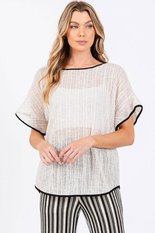 GeeGee Contrast Trim Short Sleeve Knit Cover Up - Clothes For Her Online Store