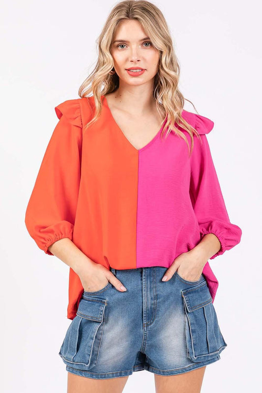 GeeGee Full Size Ruffle Trim Contrast Blouse - Clothes For Her Online Store