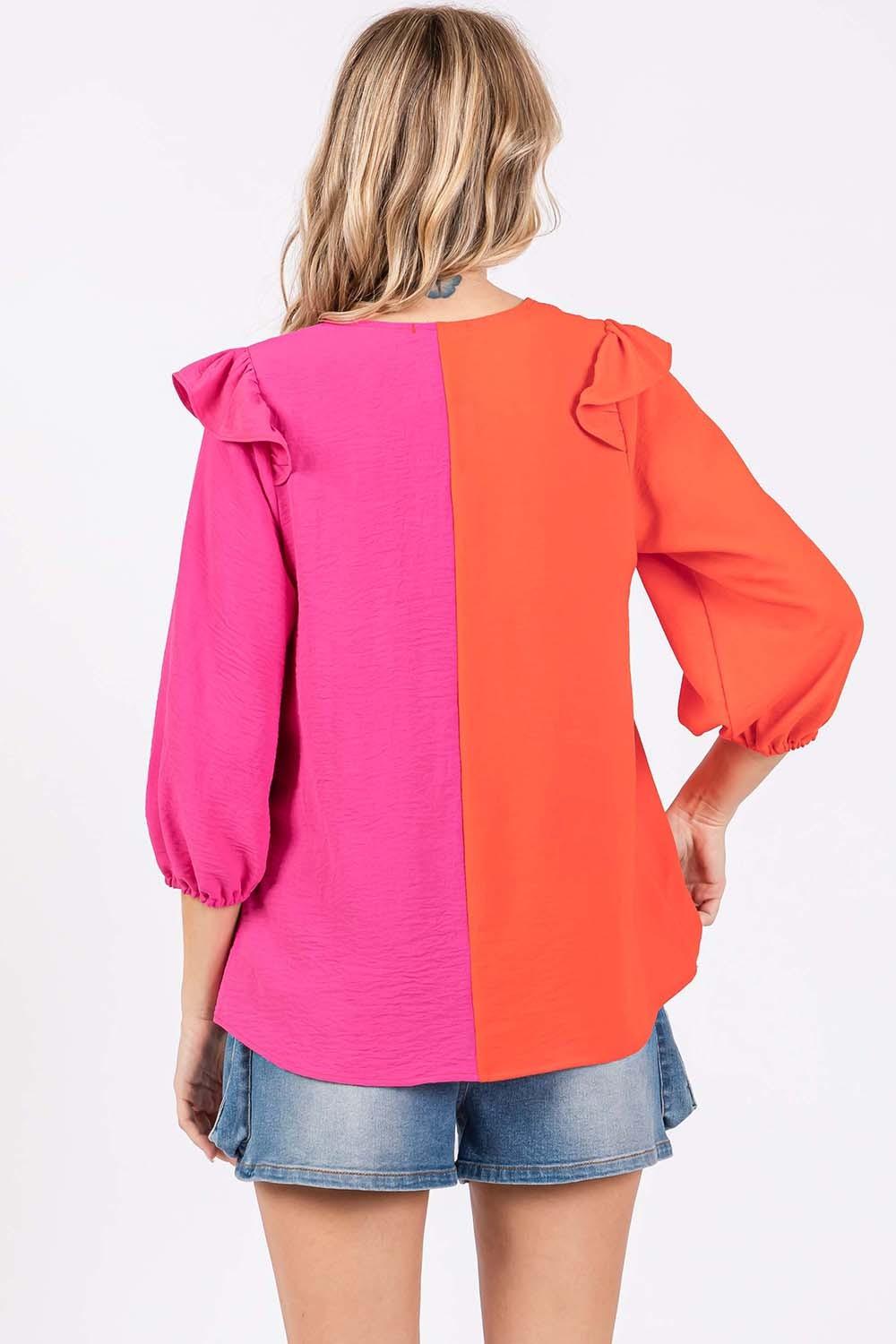 GeeGee Full Size Ruffle Trim Contrast Blouse - Clothes For Her Online Store