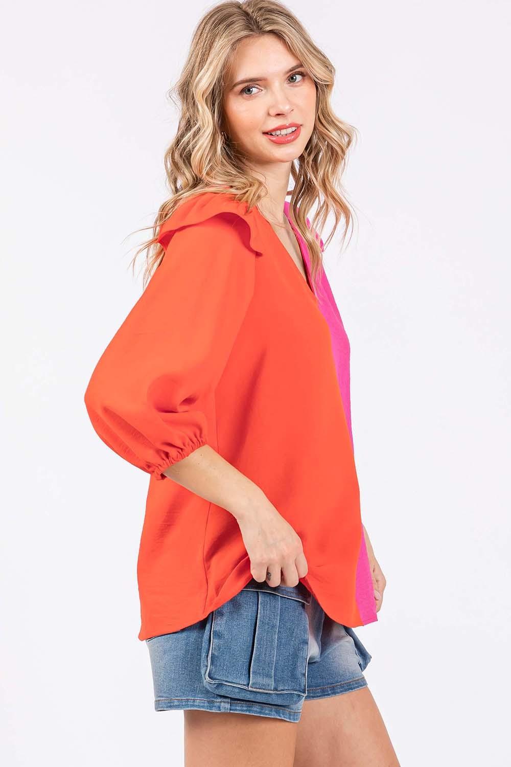 GeeGee Full Size Ruffle Trim Contrast Blouse - Clothes For Her Online Store