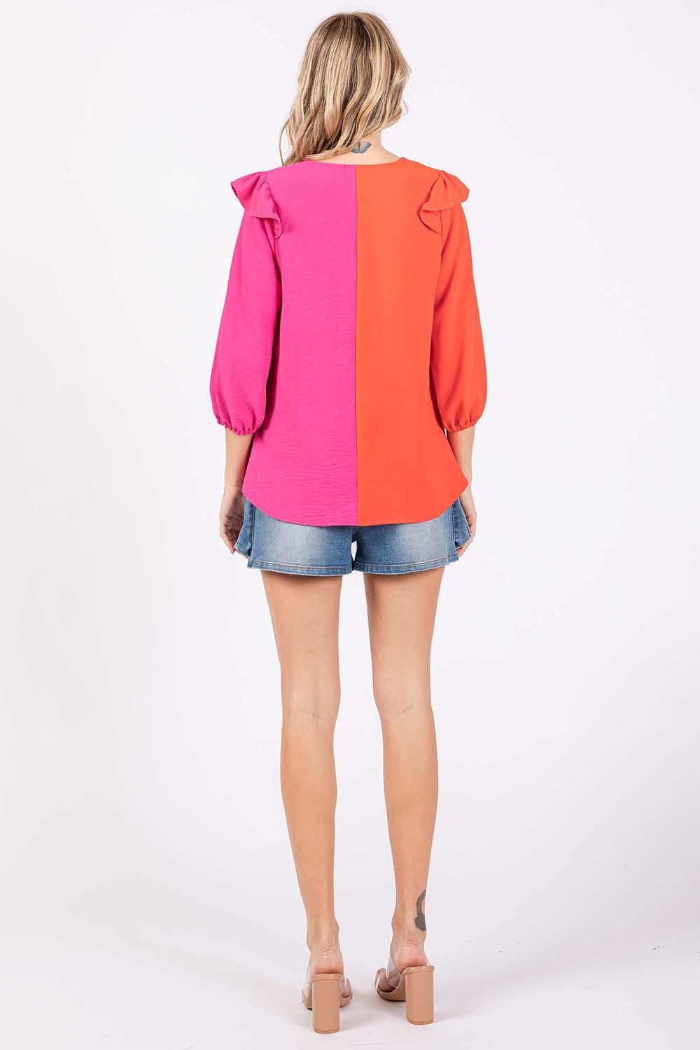 GeeGee Full Size Ruffle Trim Contrast Blouse - Clothes For Her Online Store