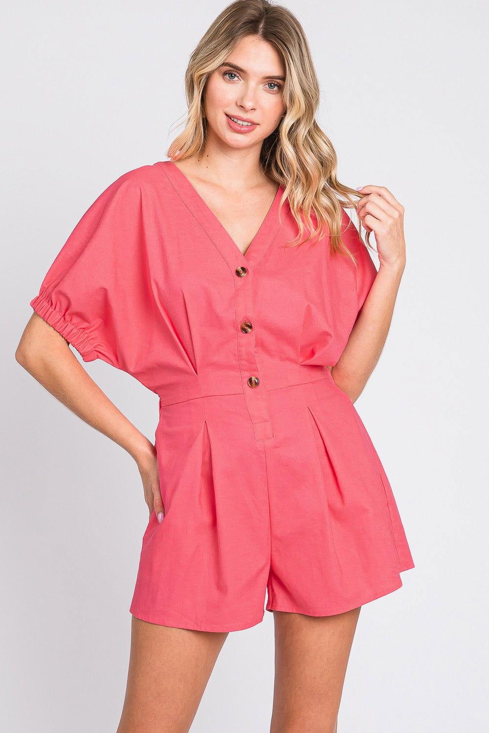 GeeGee Half Button V-Neck Linen Romper - Clothes For Her Online Store