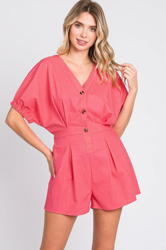 GeeGee Half Button V-Neck Linen Romper - Clothes For Her Online Store