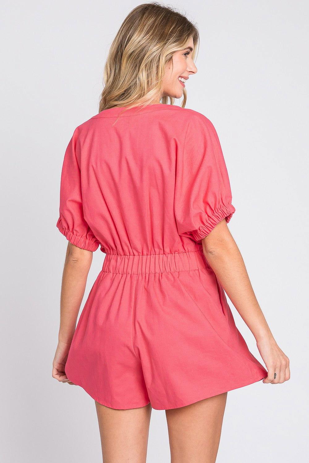 GeeGee Half Button V-Neck Linen Romper - Clothes For Her Online Store