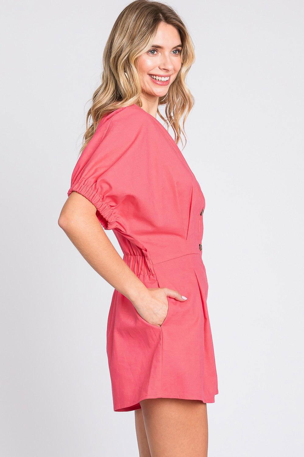 GeeGee Half Button V-Neck Linen Romper - Clothes For Her Online Store