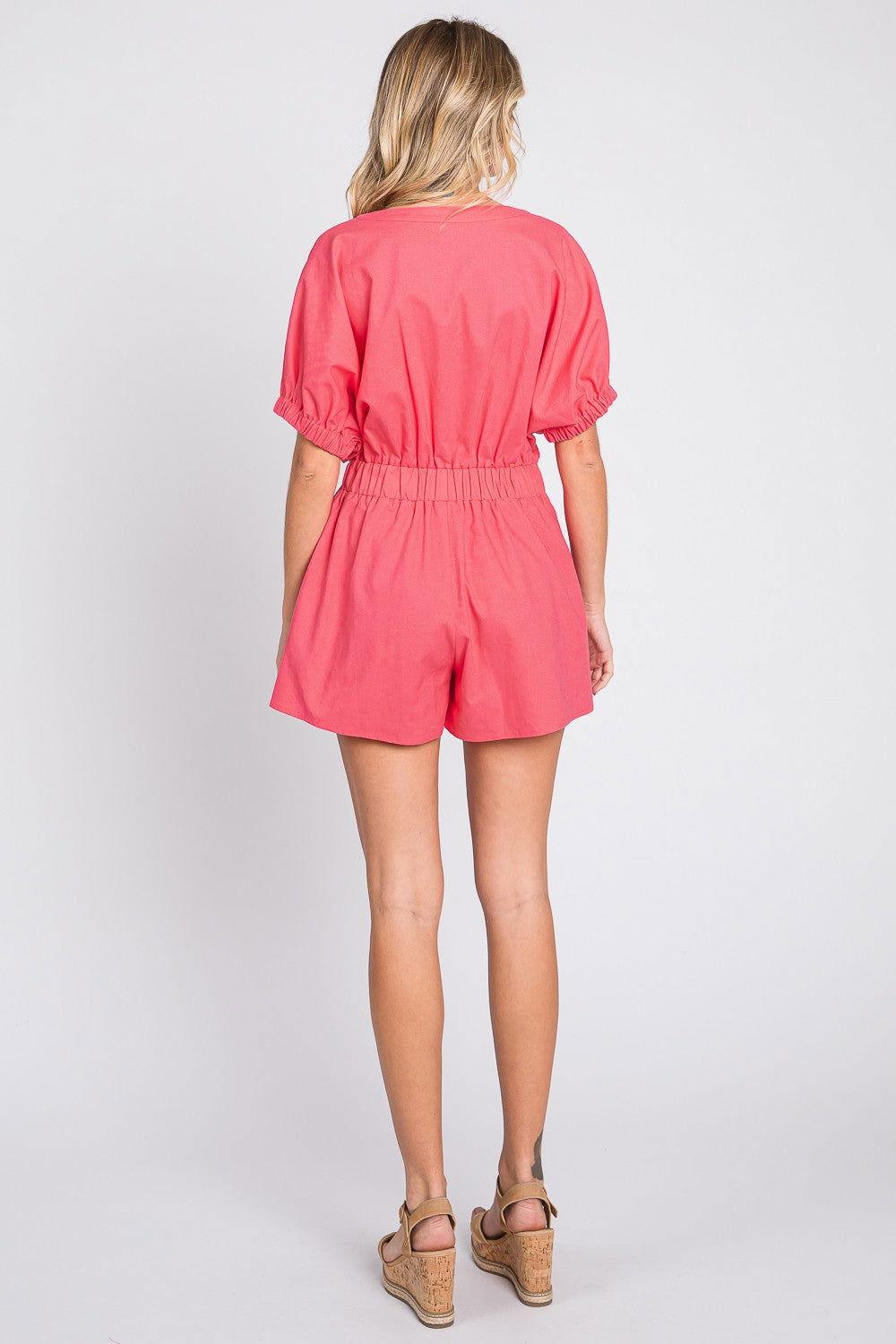 GeeGee Half Button V-Neck Linen Romper - Clothes For Her Online Store