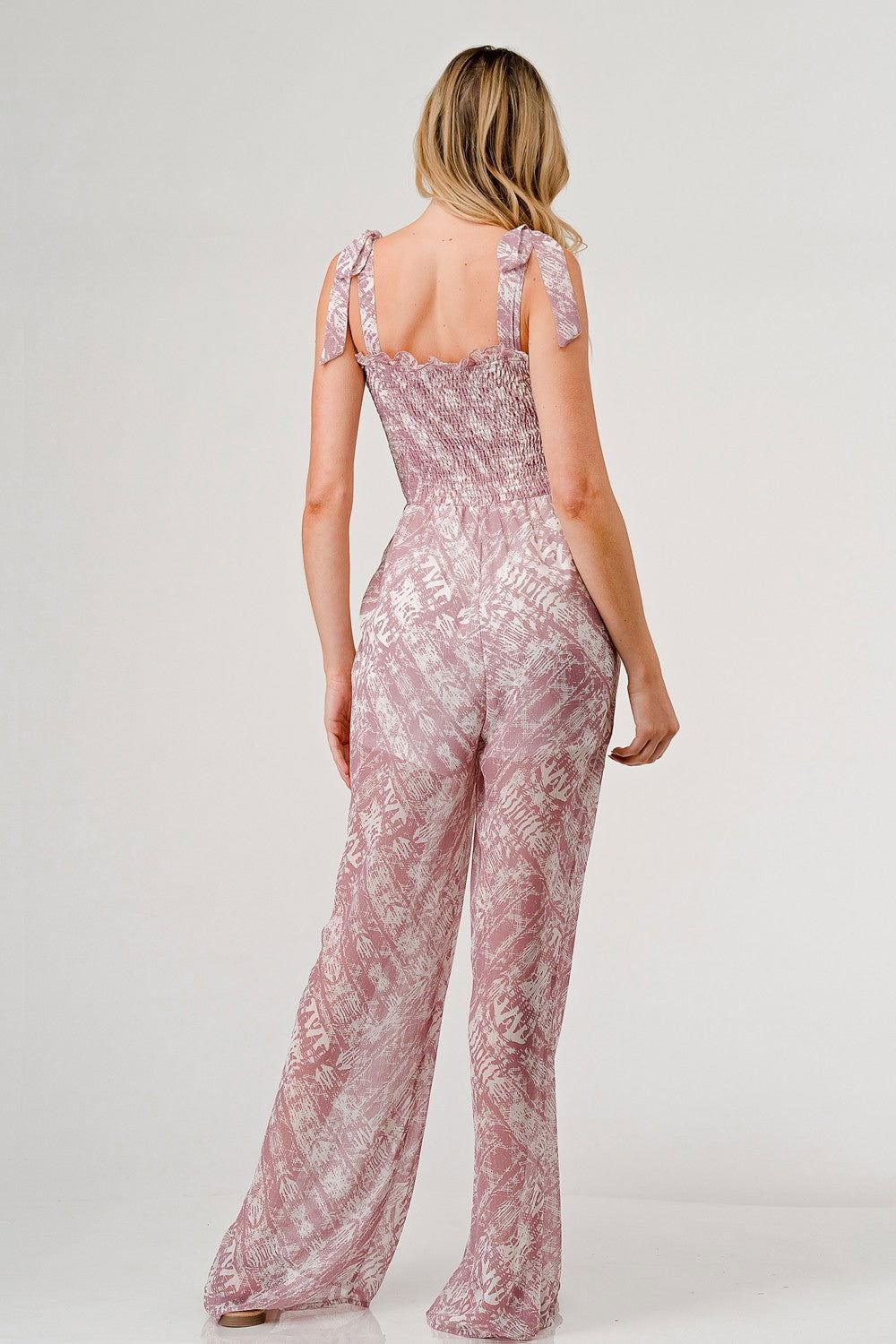 GeeGee Printed Tie Shoulder Wide Leg Jumpsuit - Clothes For Her Online Store
