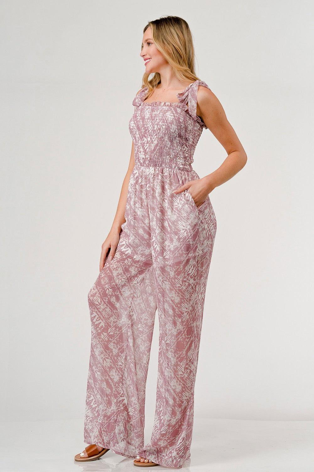 GeeGee Printed Tie Shoulder Wide Leg Jumpsuit - Clothes For Her Online Store