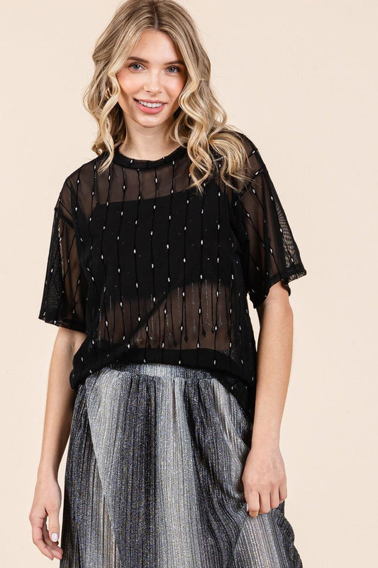 GeeGee Round Neck Drop Shoulder Mesh Glitter Top - Clothes For Her Online Store