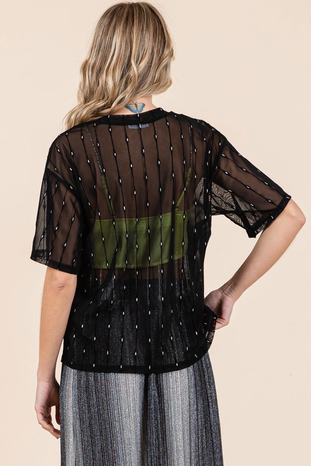 GeeGee Round Neck Drop Shoulder Mesh Glitter Top - Clothes For Her Online Store