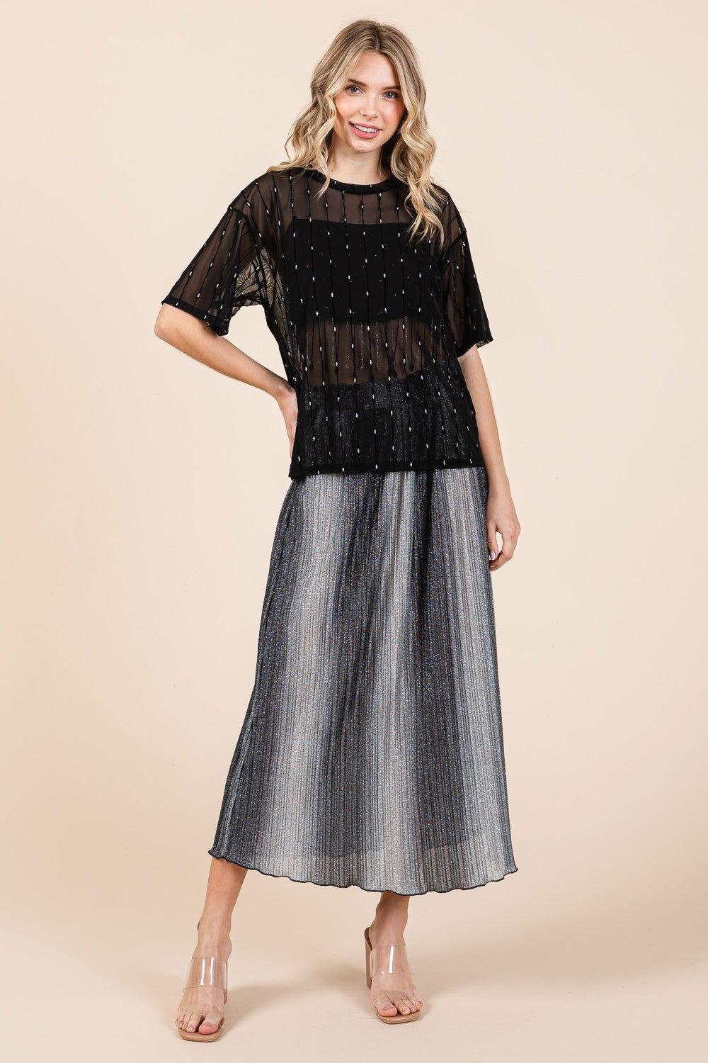 GeeGee Round Neck Drop Shoulder Mesh Glitter Top - Clothes For Her Online Store