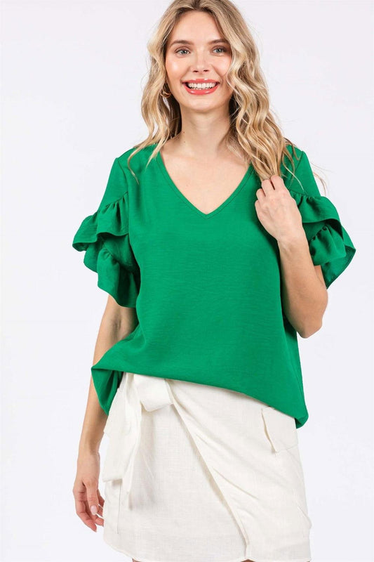GeeGee Ruffled Short Sleeve V-Neck Blouse - Clothes For Her Online Store