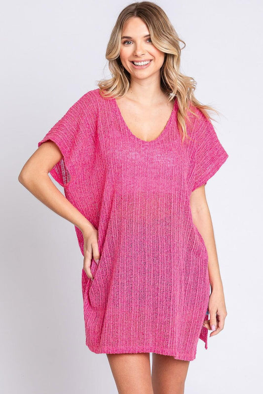 GeeGee Short Sleeve Side Slit Knit Cover Up Dress - Clothes For Her Online Store