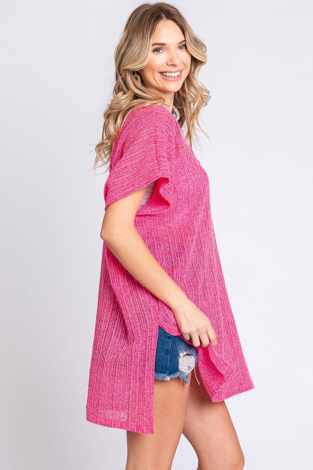 GeeGee Short Sleeve Side Slit Knit Cover Up Dress - Clothes For Her Online Store