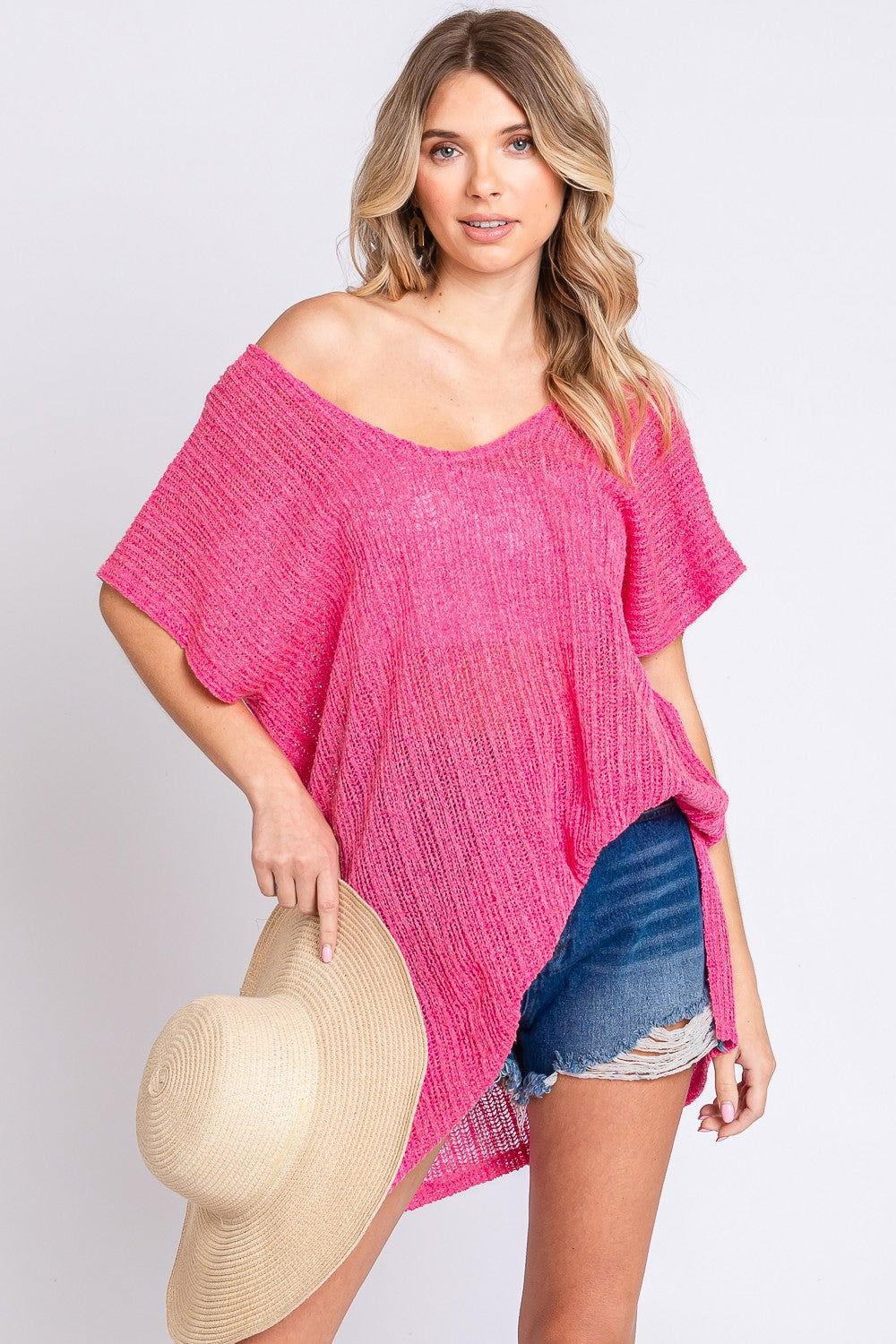 GeeGee Short Sleeve Side Slit Knit Cover Up Dress - Clothes For Her Online Store