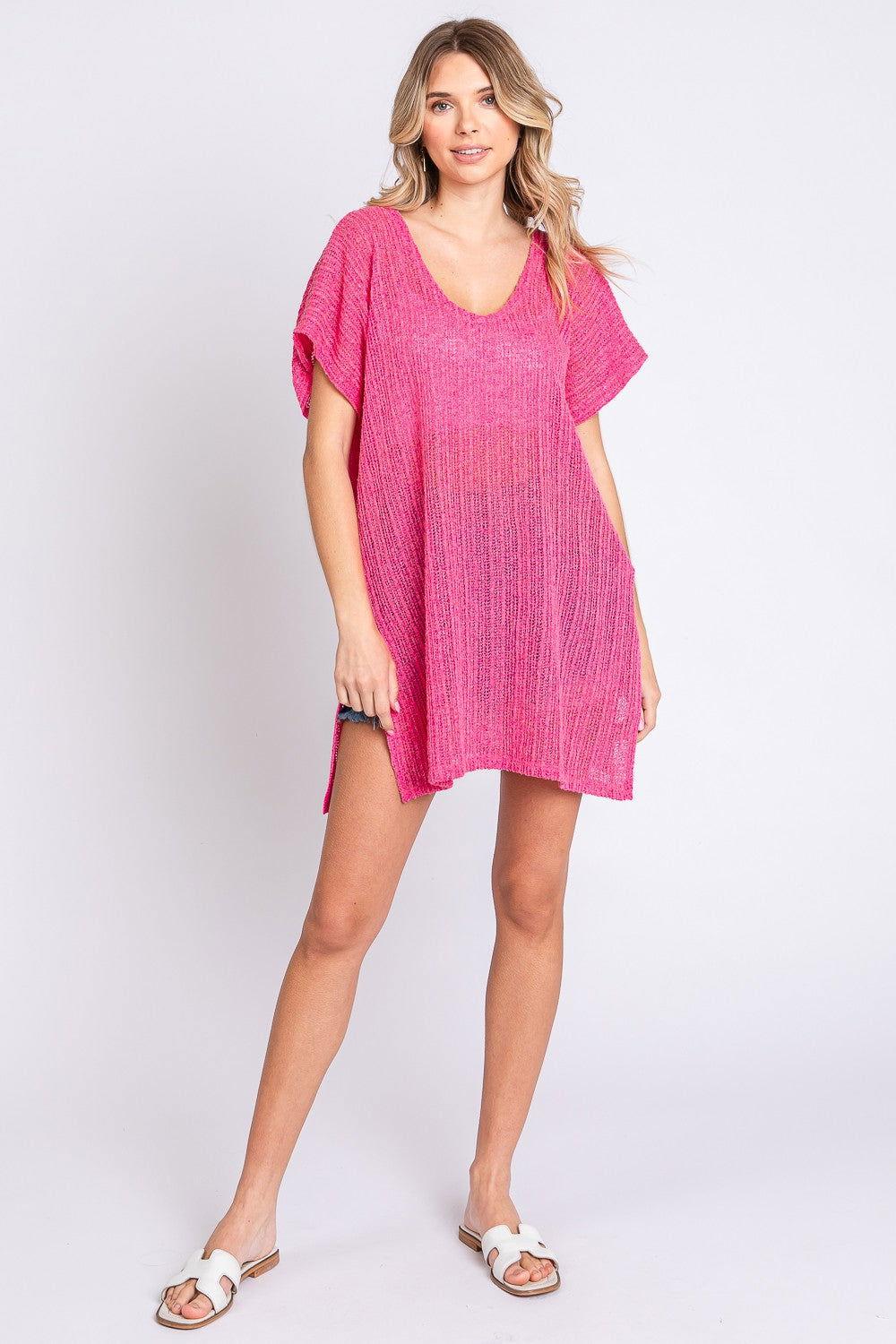 GeeGee Short Sleeve Side Slit Knit Cover Up Dress - Clothes For Her Online Store
