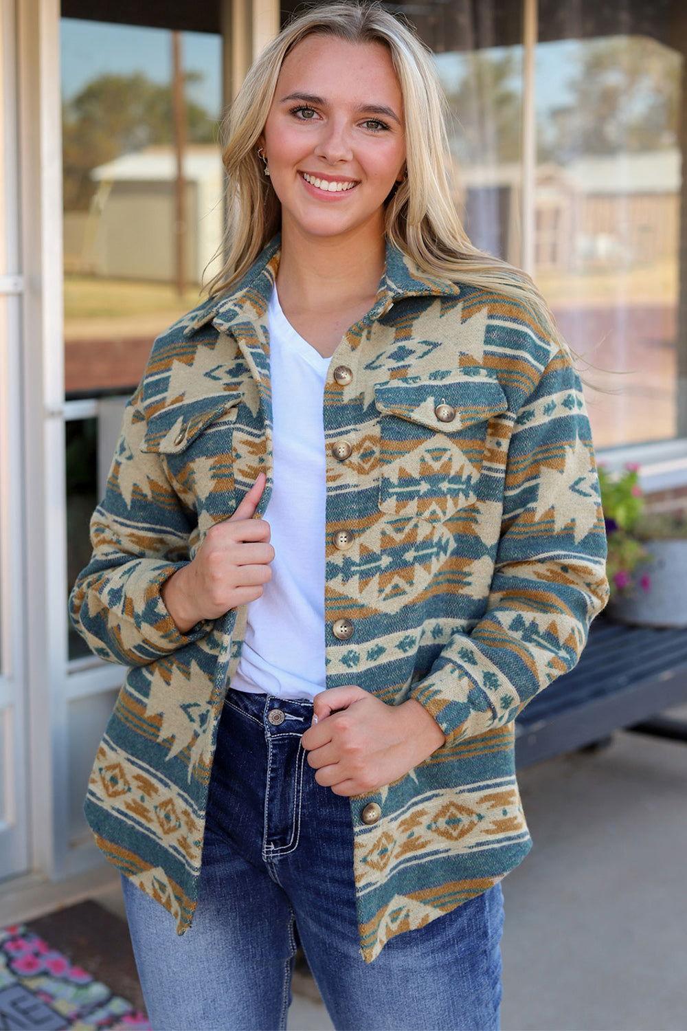 Geometric Button Down Collared Jacket - Clothes For Her Online Store