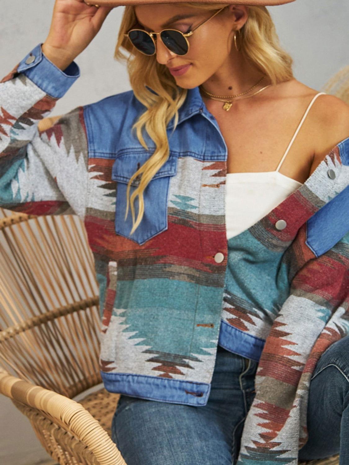 Geometric Button Up Dropped Shoulder Denim Jacket - Clothes For Her Online Store