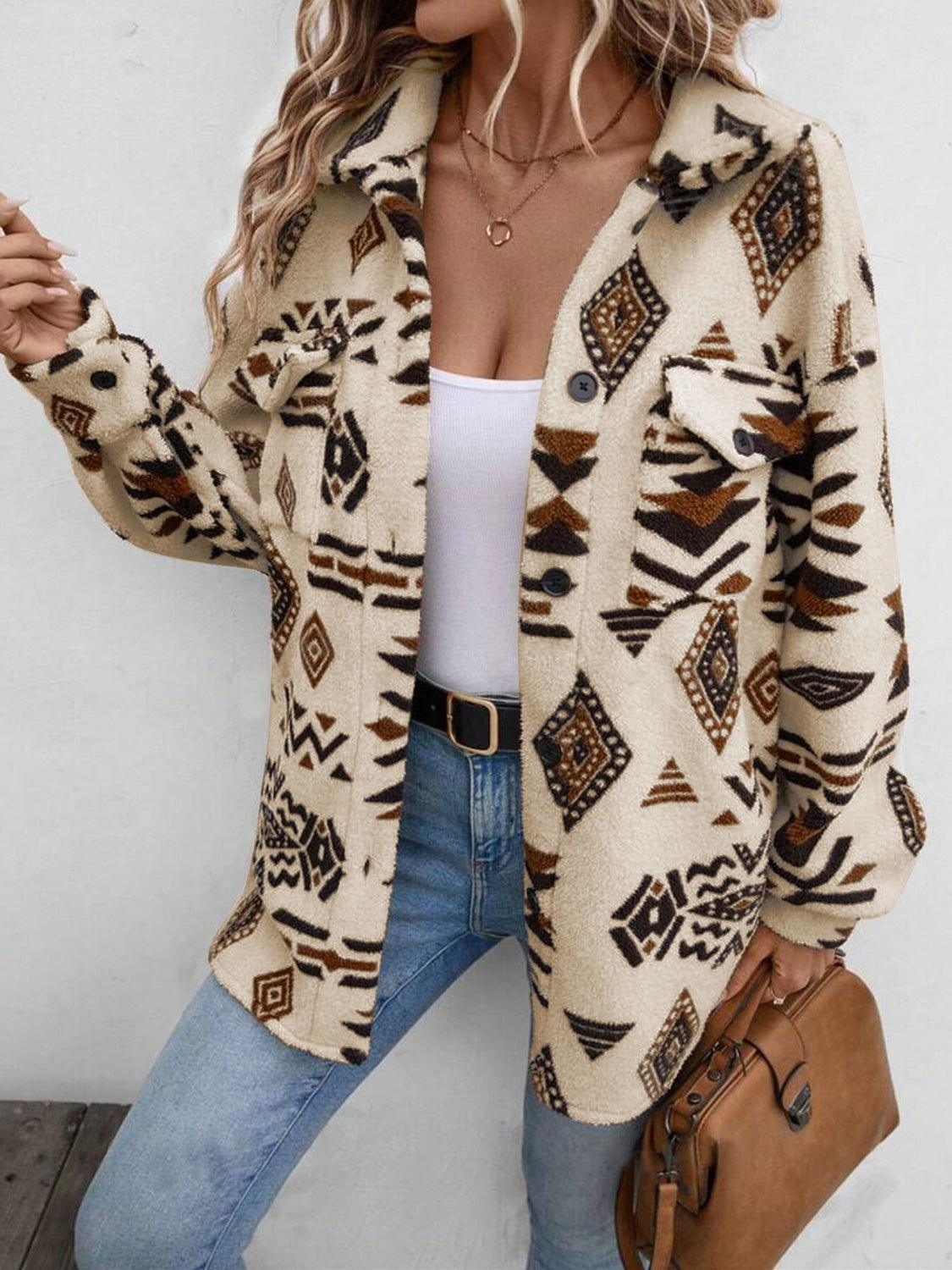 Geometric Button Up Dropped Shoulder Jacket - Clothes For Her Online Store