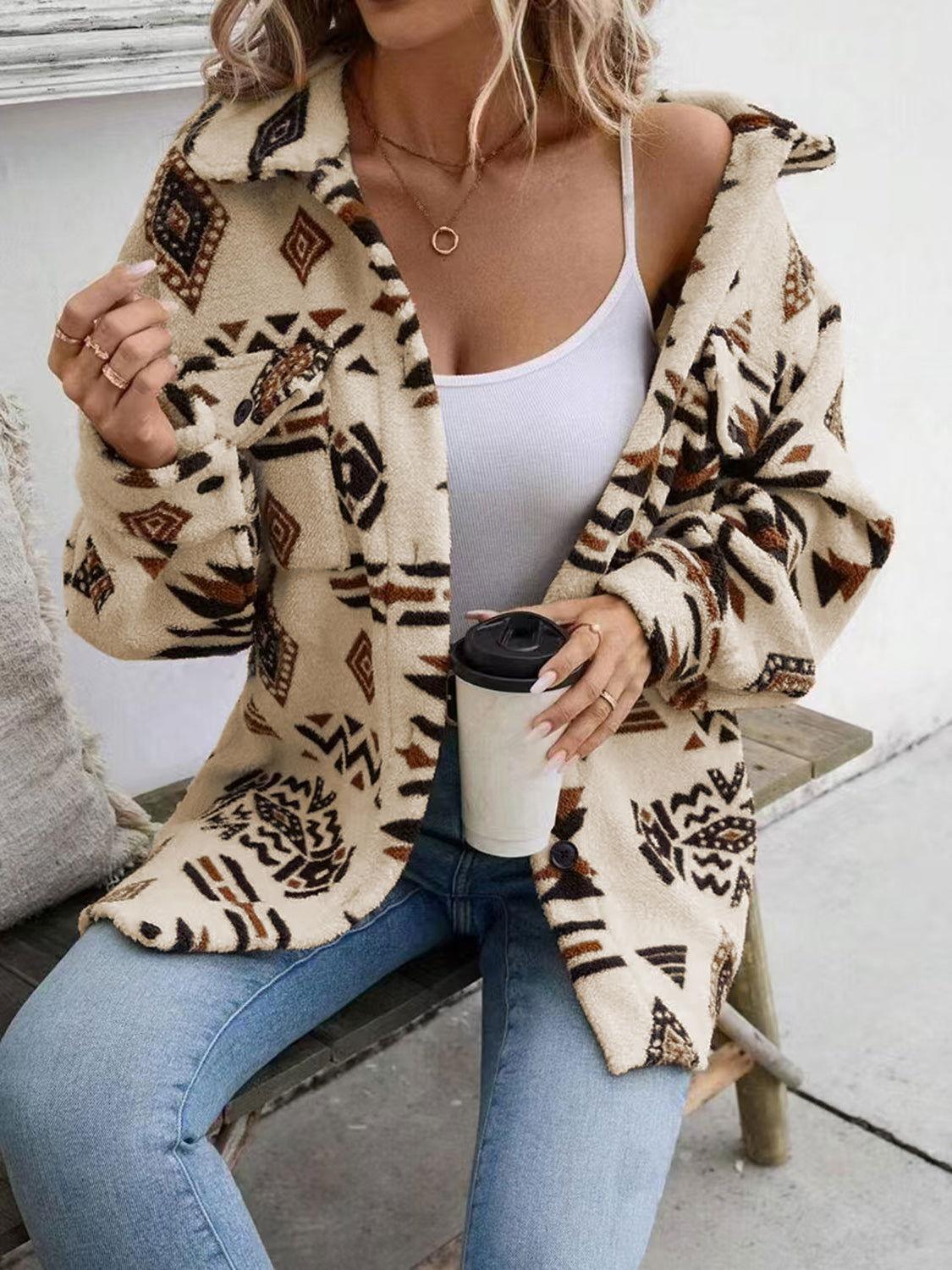 Geometric Button Up Dropped Shoulder Jacket - Clothes For Her Online Store