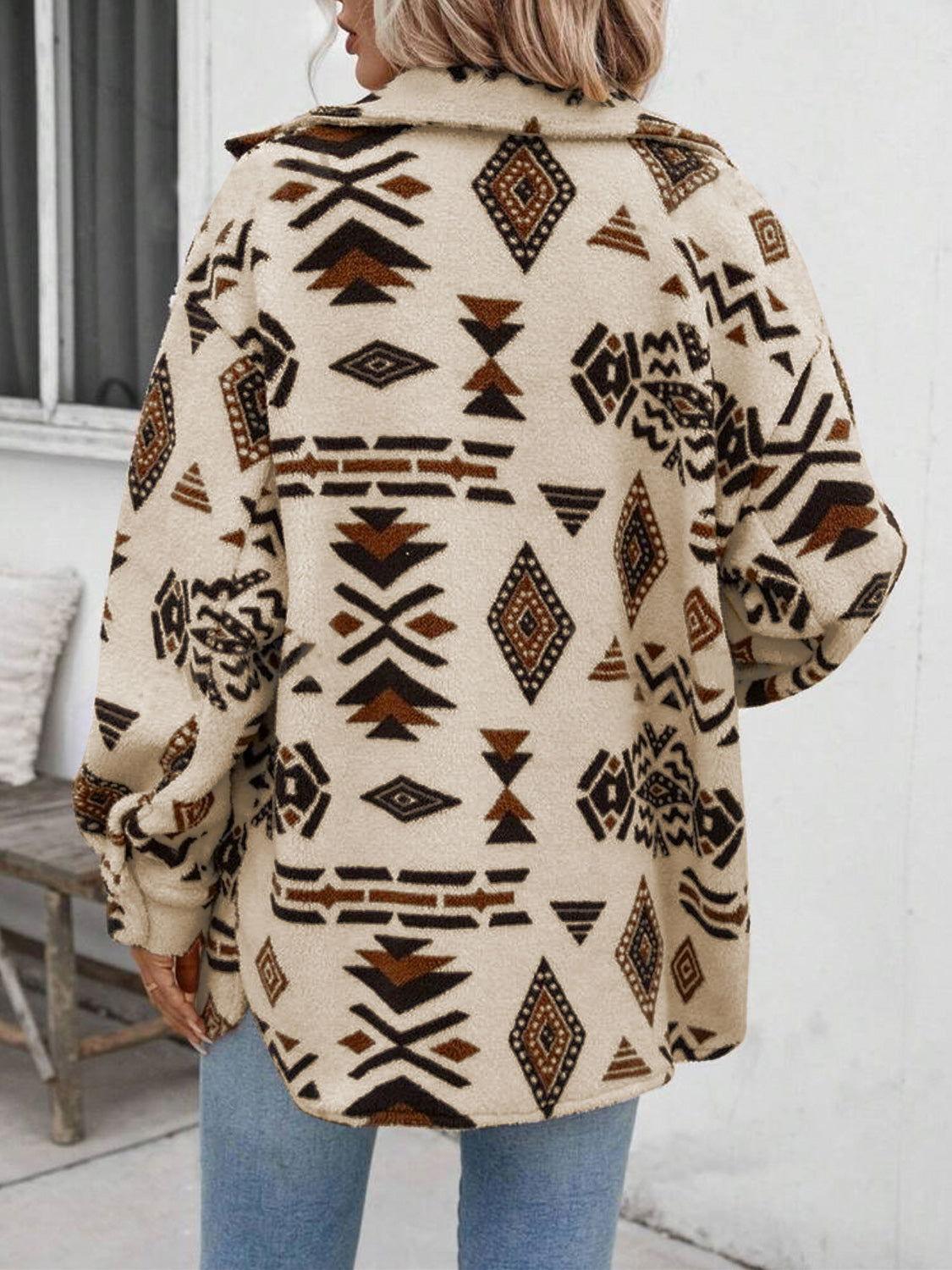 Geometric Button Up Dropped Shoulder Jacket - Clothes For Her Online Store