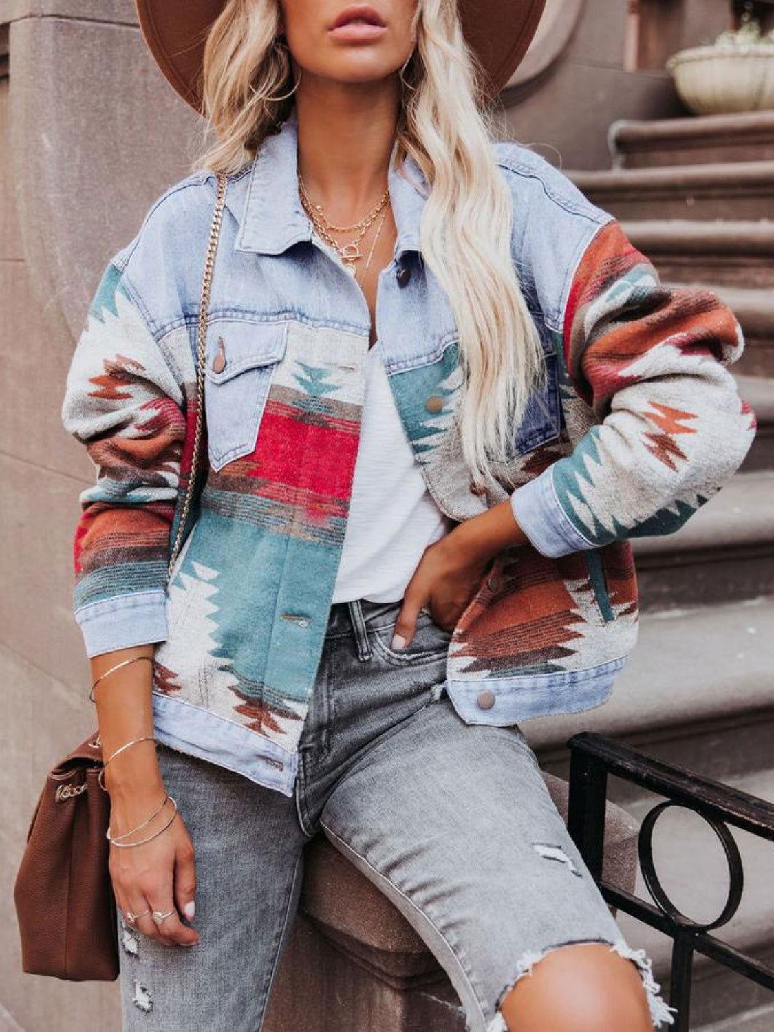 Geometric Button Up Long Sleeve Denim Jacket - Clothes For Her Online Store