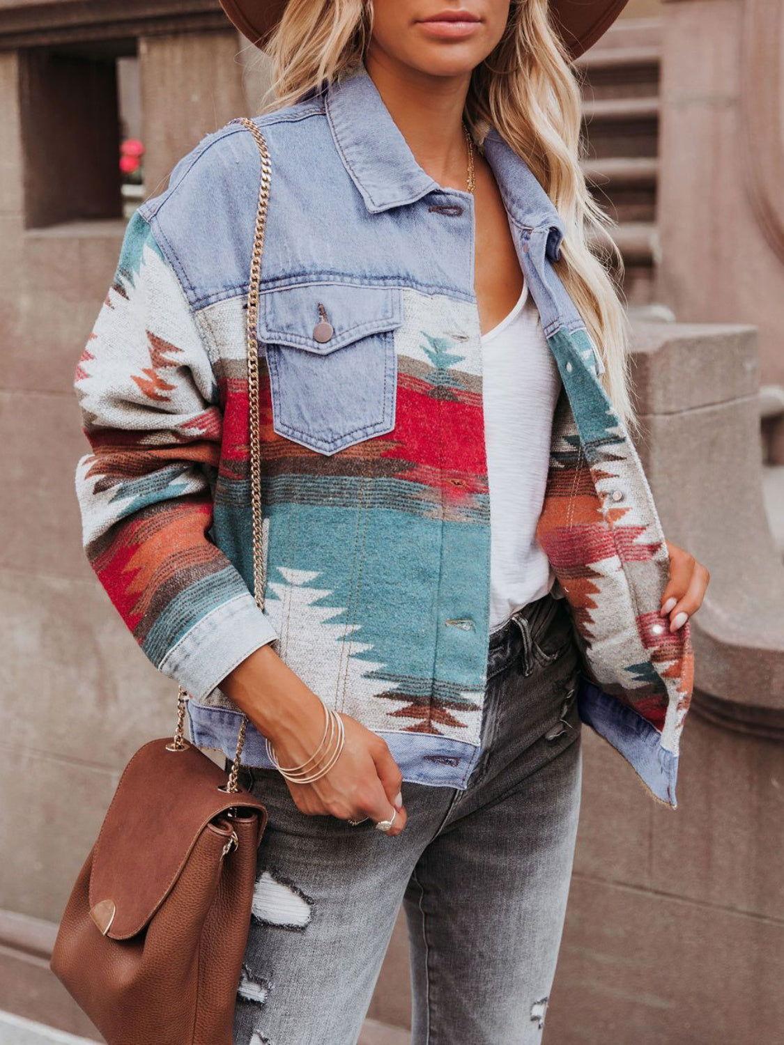 Geometric Button Up Long Sleeve Denim Jacket - Clothes For Her Online Store