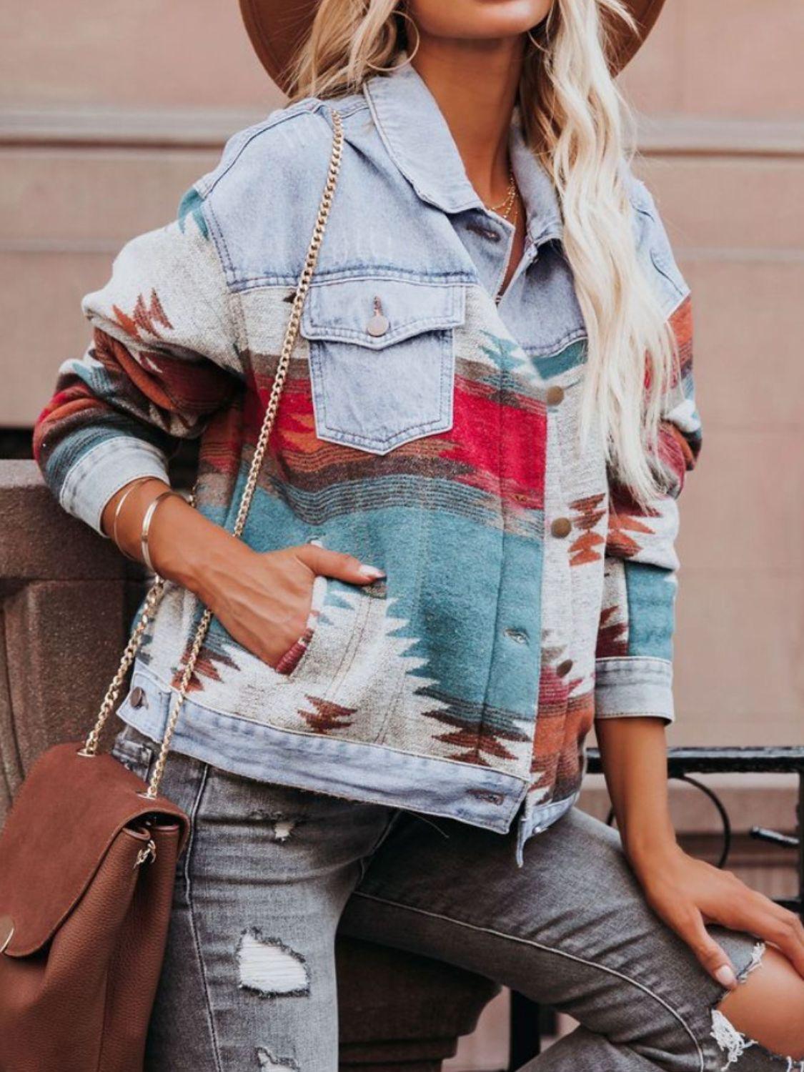 Geometric Button Up Long Sleeve Denim Jacket - Clothes For Her Online Store
