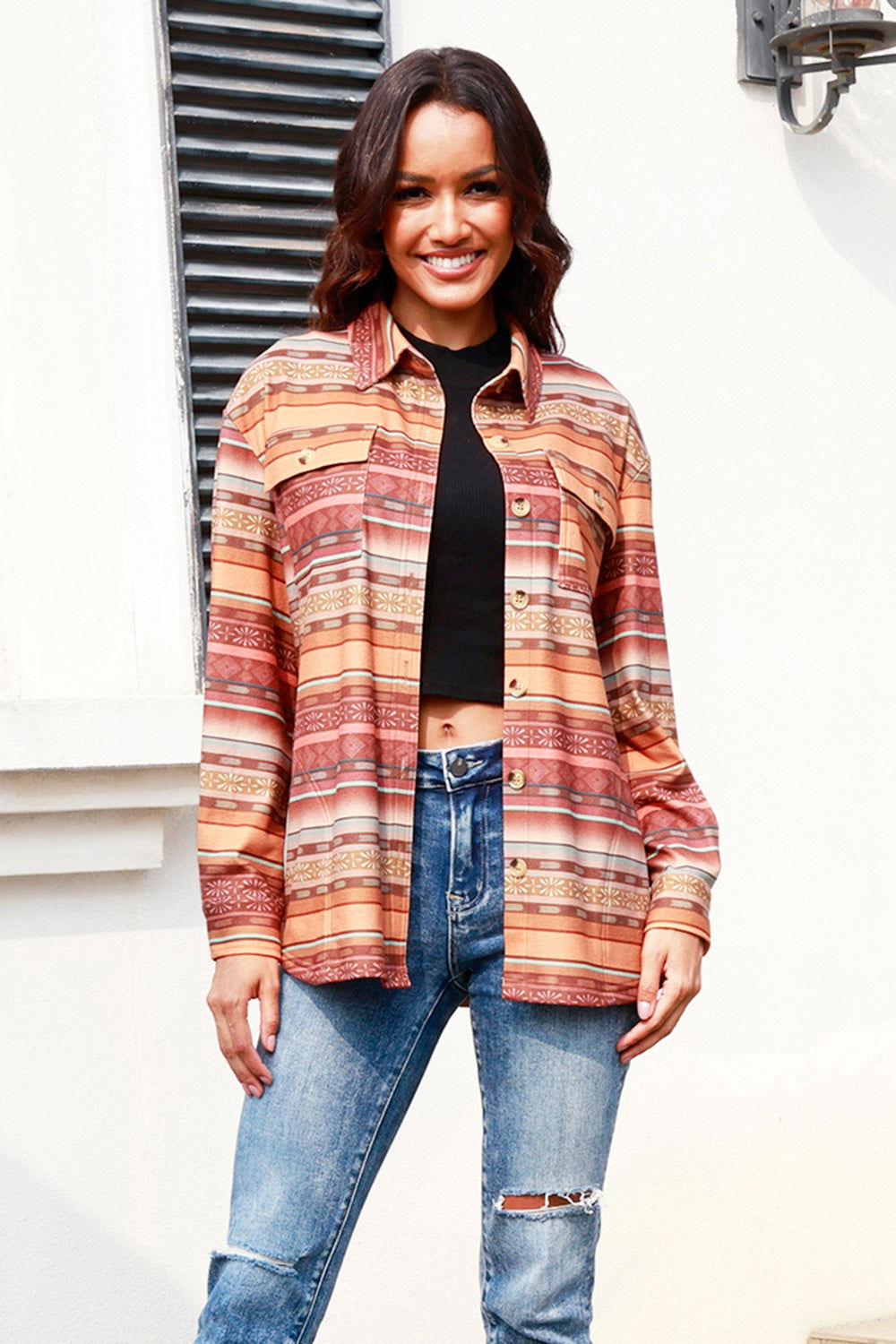Geometric Button Up Long Sleeve Shacket - Clothes For Her Online Store