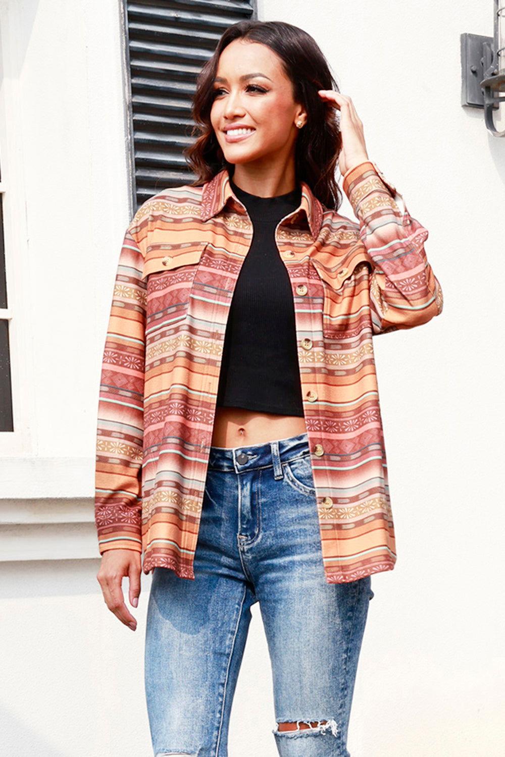 Geometric Button Up Long Sleeve Shacket - Clothes For Her Online Store