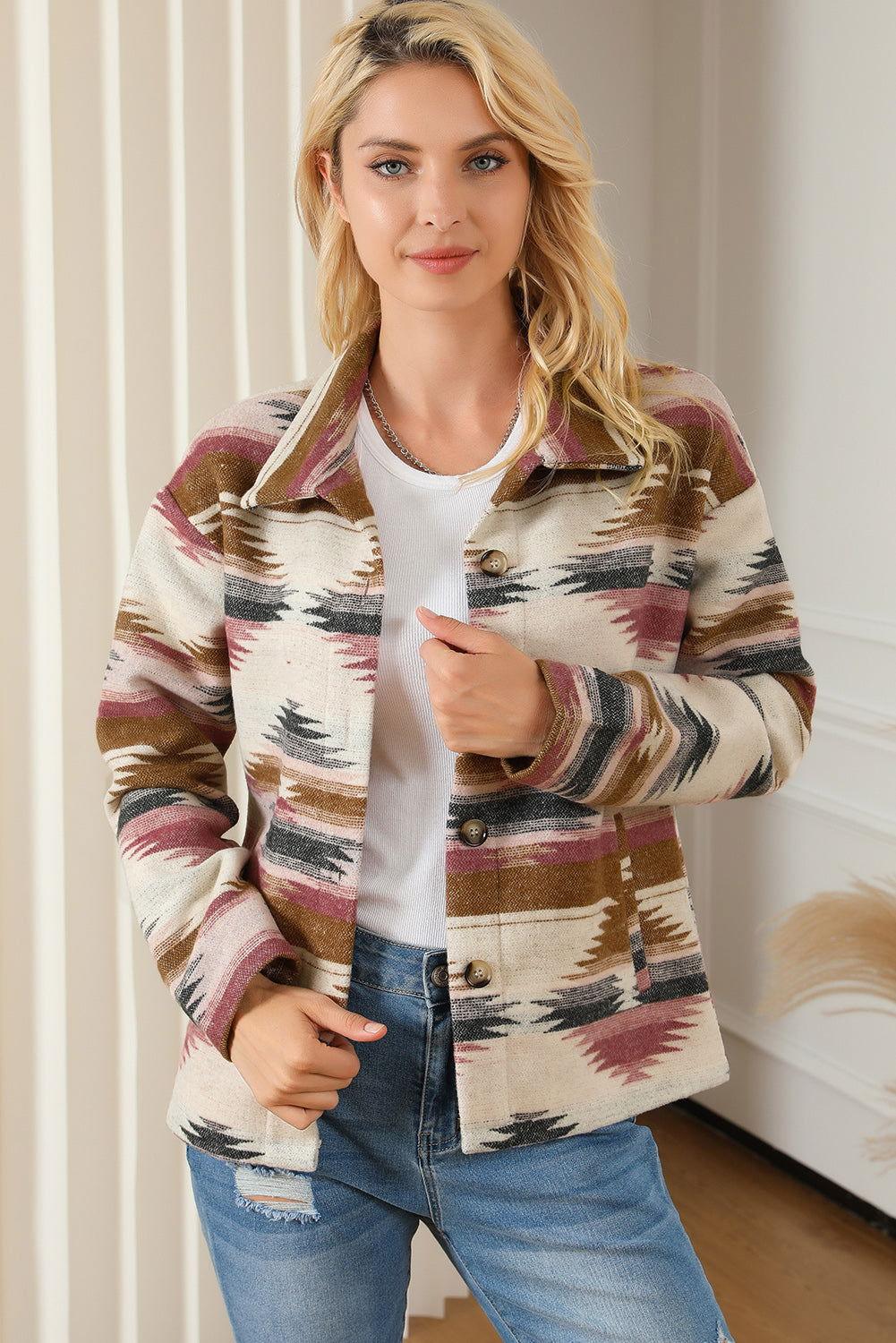 Geometric Collared Drop Shoulder Jacket - Clothes For Her Online Store